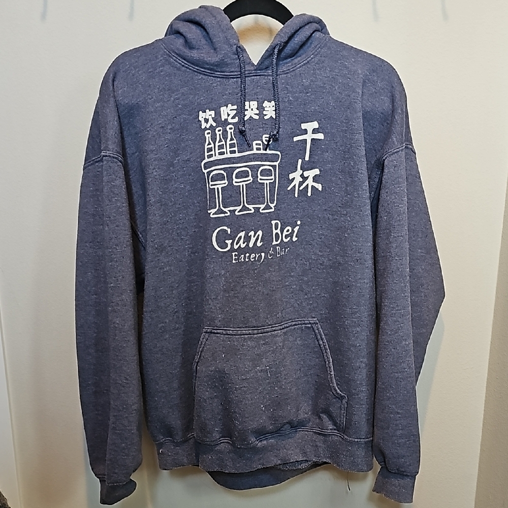 Blue Hooded Sweatshirt with Architectural Design
